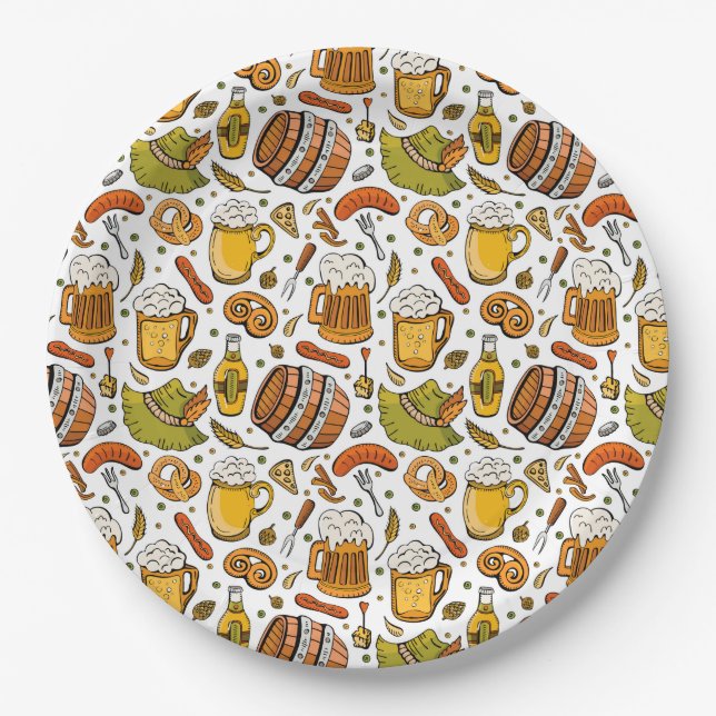 Festive German Oktoberfest Beer and Sausages  Paper Plate (Front)