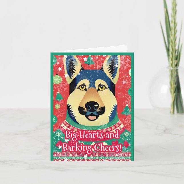 Festive German Shepherd in Ugly Christmas Sweater  Holiday Card (Front)