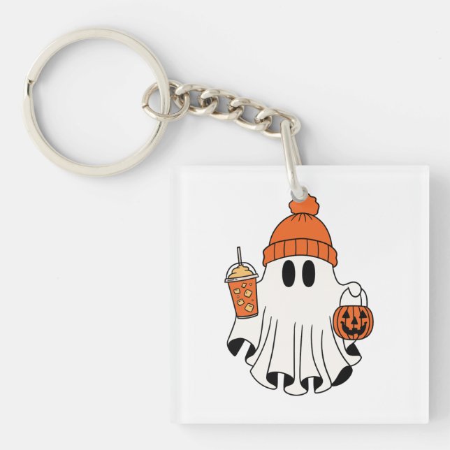 Festive Ghost with Pumpkin Basket & Iced Latte Key Ring (Front)