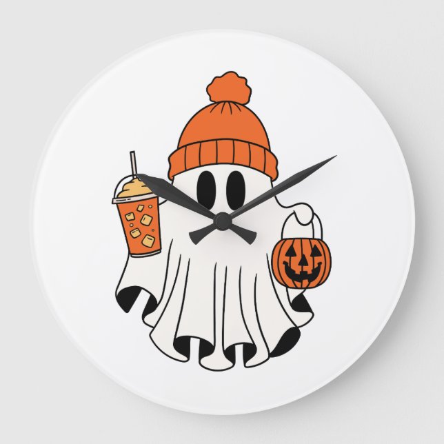 Festive Ghost with Pumpkin Basket & Iced Latte Large Clock (Front)