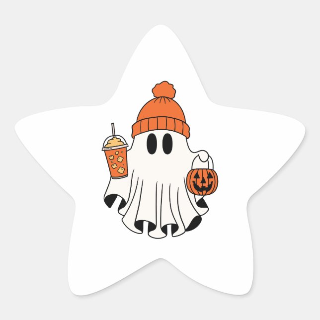 Festive Ghost with Pumpkin Basket & Iced Latte Star Sticker (Front)