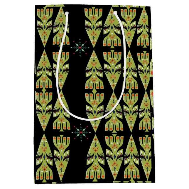Festive Gift Wrap Green Black Pattern Medium Gift Bag (Front)