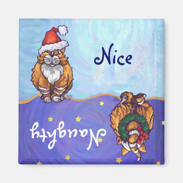 Festive Ginger Cat Naughty Nice Holiday Magnet (Front)