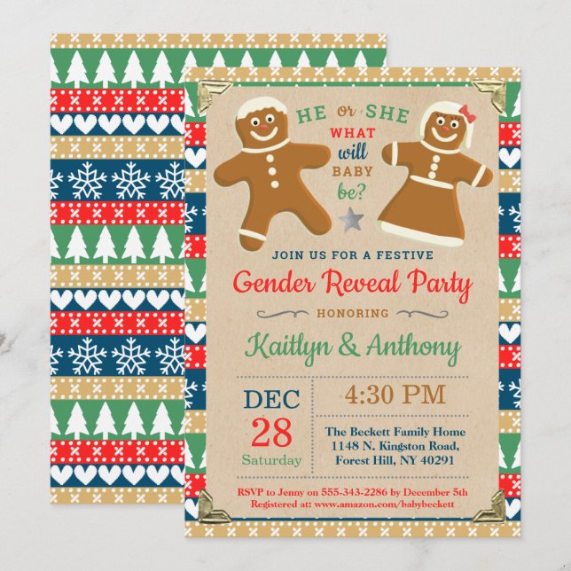 Festive Gingerbread Christmas Gender Reveal Party Invitation (Front/Back)