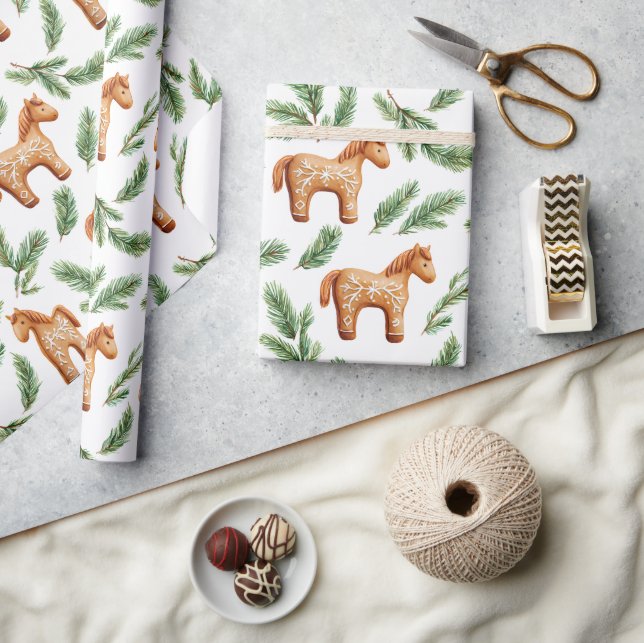 Festive Gingerbread Horse & Pine Pattern Wrapping Paper (Crafts)