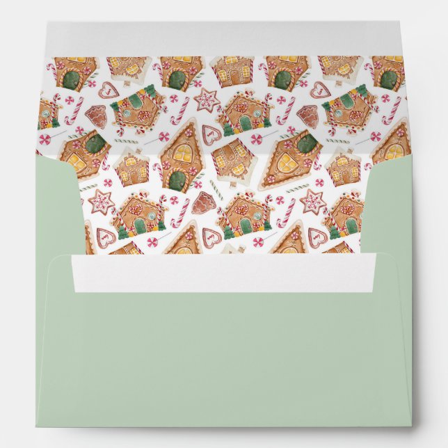 Festive Gingerbread House Pattern Mint Christmas Envelope (Back (Bottom))