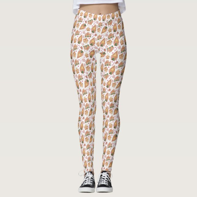 Festive Gingerbread House Pattern White Christmas Leggings (Front)