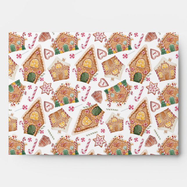 Festive Gingerbread House White Christmas Pattern Envelope (Front)