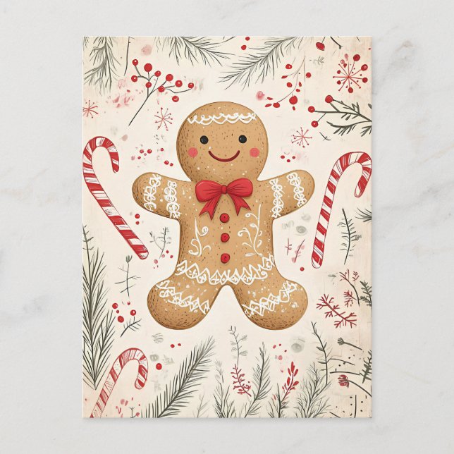 Festive Gingerbread Man Christmas Greeting Postcard (Front)