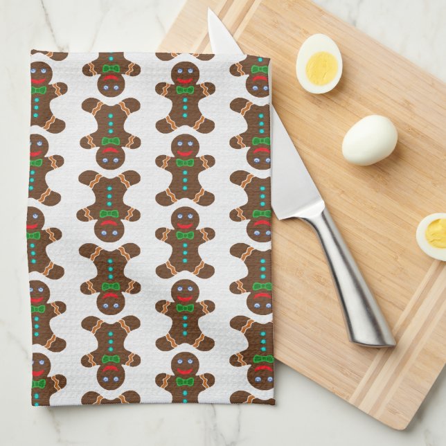 Festive Gingerbread Man Christmas Pattern Tea Towel (Quarter Fold)