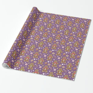 Festive Gingerbread Man Cookies on Purple Back Wrapping Paper