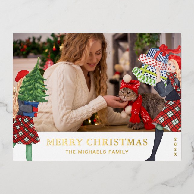 Festive Girl Christmas Illustration Photo Foil Holiday Postcard (Front)