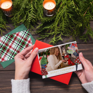 Festive Girl Christmas Illustration Plaid Photo Foil Holiday Card