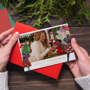 Festive Girl Christmas Illustration with Photo Red Foil Holiday Card