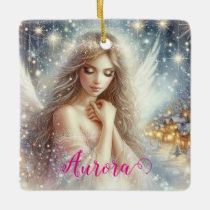 Festive Girly Watercolor Ethereal Frost Snow Angel Ceramic Ornament