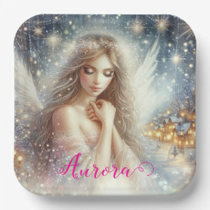 Festive Girly Watercolor Ethereal Frost Snow Angel Paper Plate