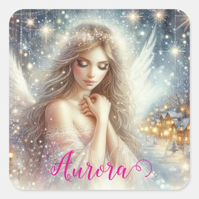 Festive Girly Watercolor Ethereal Frost Snow Angel Square Sticker (Front)
