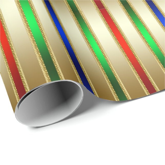 Festive Glam Stripes Red Blue Green Gold Wrapping Paper (Roll Corner)