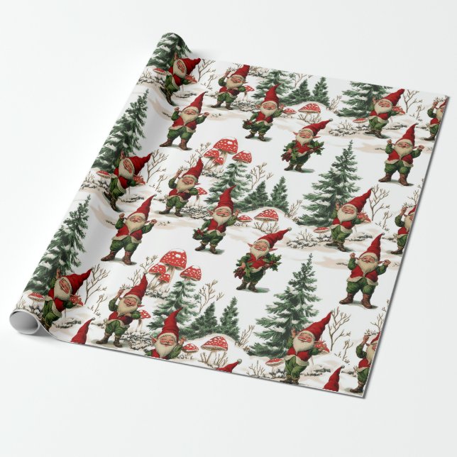 Festive Gnome and Mushroom Woodland Christmas Wrapping Paper (Unrolled)