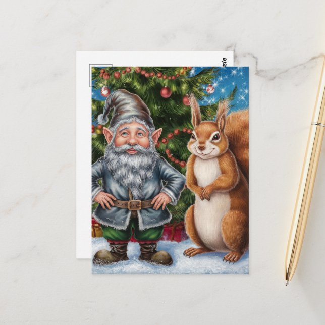 Festive Gnome and Squirrel Christmas Postcard (Front/Back In Situ)