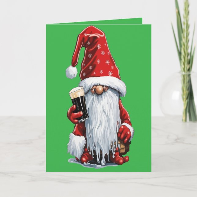 Festive Gnome Holding A Glass Of‎ Irish Dry Stout Holiday Card (Front)