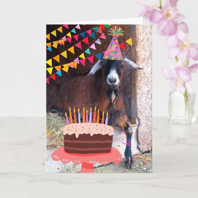 Festive Goat And Birthday Cake Card (Orchid)