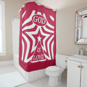 Festive God Is Love Star Red & White Christmas  Shower Curtain