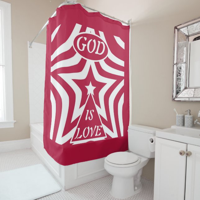 Festive God Is Love Star Red & White Christmas  Shower Curtain (In Situ)