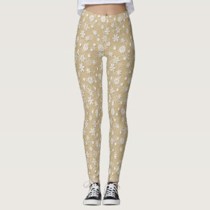 Festive Gold and White Christmas Holiday Snowflake Leggings