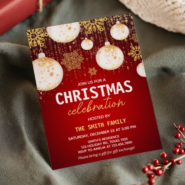 Festive Gold Balls Red Holiday Christmas Party Invitation (Gold Balls Red Festive Holiday Christmas Party Invitation)