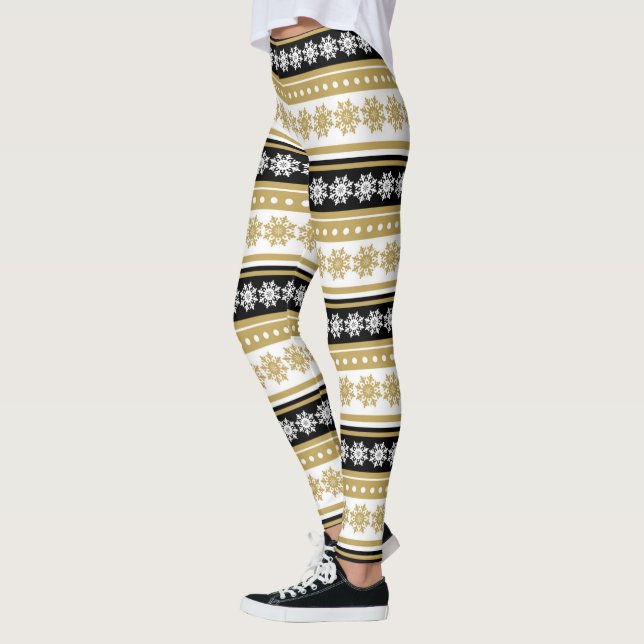 festive gold black Christmas snowflake pattern Leggings (Left)