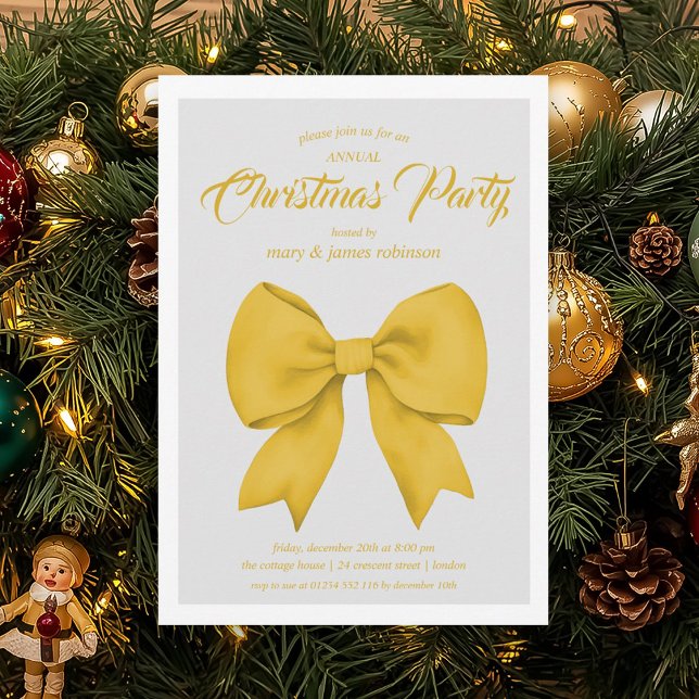Festive Gold Bow Christmas Holiday Party  Invitation (Festive Gold Bow Christmas Holiday Party Invitation)