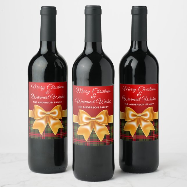 Festive Gold Bow Christmas Plaid Label Set (Bottles)
