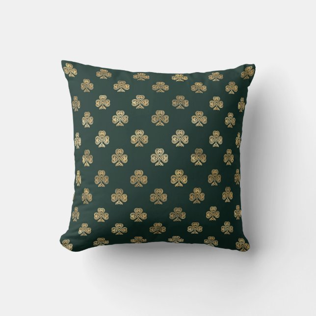 Festive Gold Celtic Shamrock Green Cushion (Front)