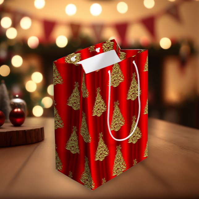 Festive Gold Christmas Trees on Red Medium Gift Bag (Creator Uploaded)