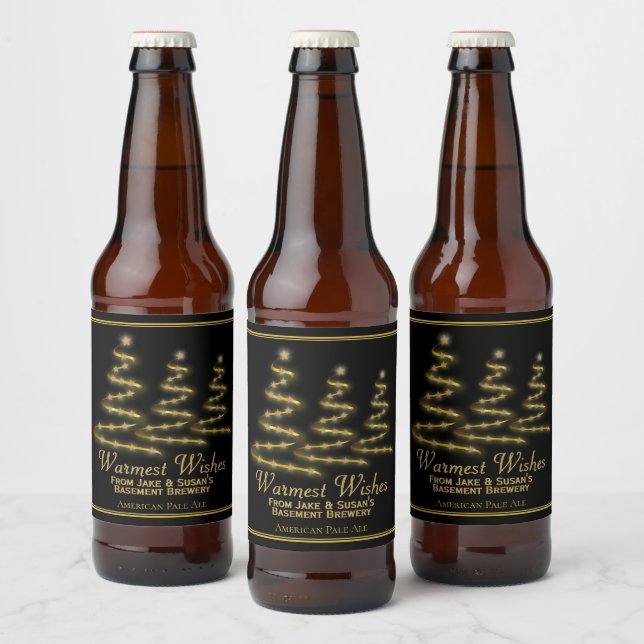 Festive Gold Christmas Trees Warmest Wishes Beer Bottle Label (Bottles)