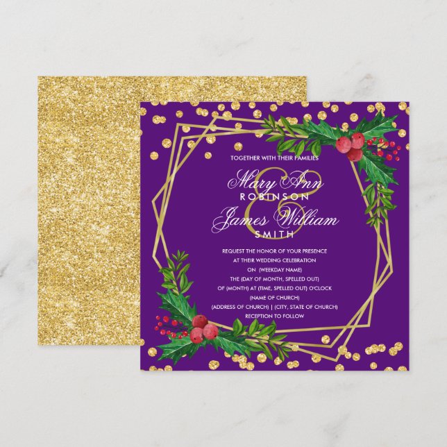 Festive Gold Christmas Wedding Holly Purple Invitation (Front/Back)