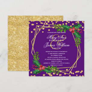 Festive Gold Christmas Wedding Holly Purple Invitation
