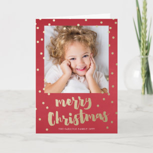 Festive Gold Confetti Dot Red Photo Christmas  Holiday Card