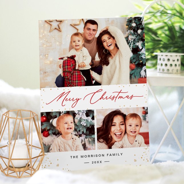 Festive Gold Confetti Merry Christmas 3 Photo Holiday Card (Creator Uploaded)