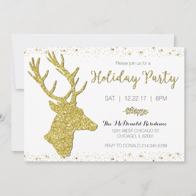 Festive Gold Deer Holiday Party Invitation (Front)