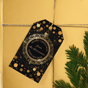 Festive Gold Filigree Ornament on Black Holiday Gift Tags