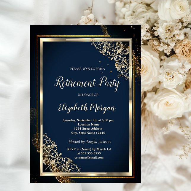 Festive Gold Frame Blue Retirement Invitation (Creator Uploaded)