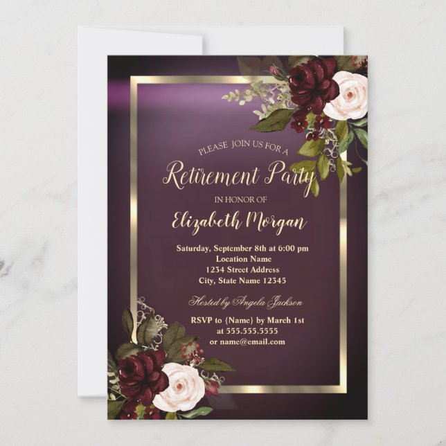 Festive Gold Frame Burgundy Roses Retirement  Invitation (Front)