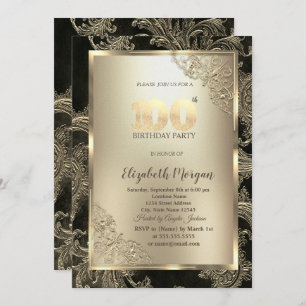 Festive Gold Frame,Floral Damask 100th Birthday Invitation