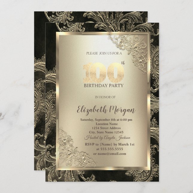 Festive Gold Frame,Floral Damask 100th Birthday Invitation (Front/Back)