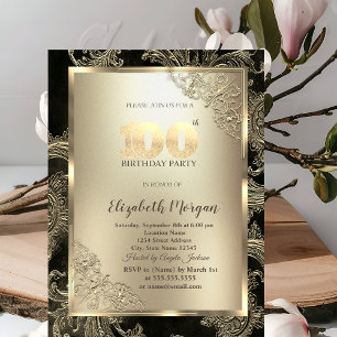 Festive Gold Frame,Floral Damask 100th Birthday Invitation