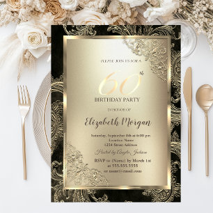 Festive Gold Frame,Floral Damask 60th Birthday Invitation