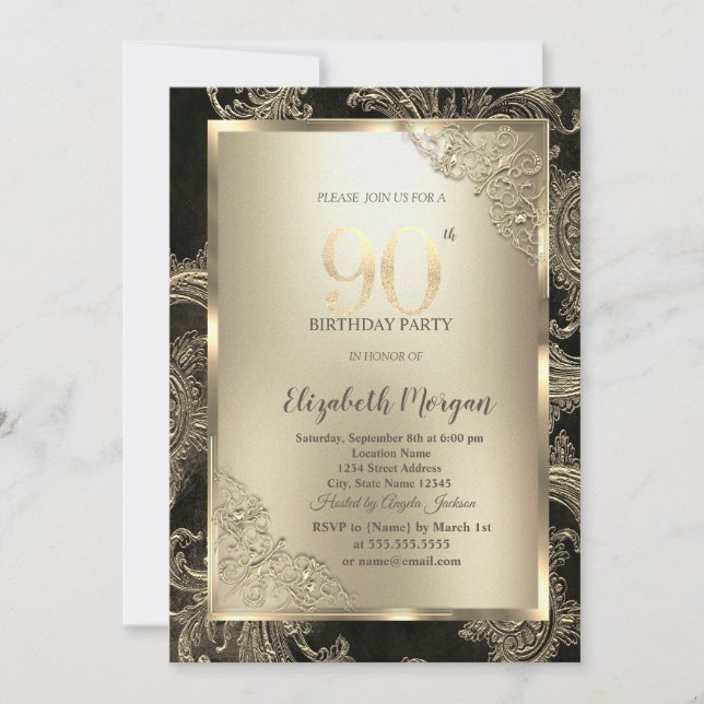 Festive Gold Frame,Floral Damask 90th Birthday  Invitation (Front)