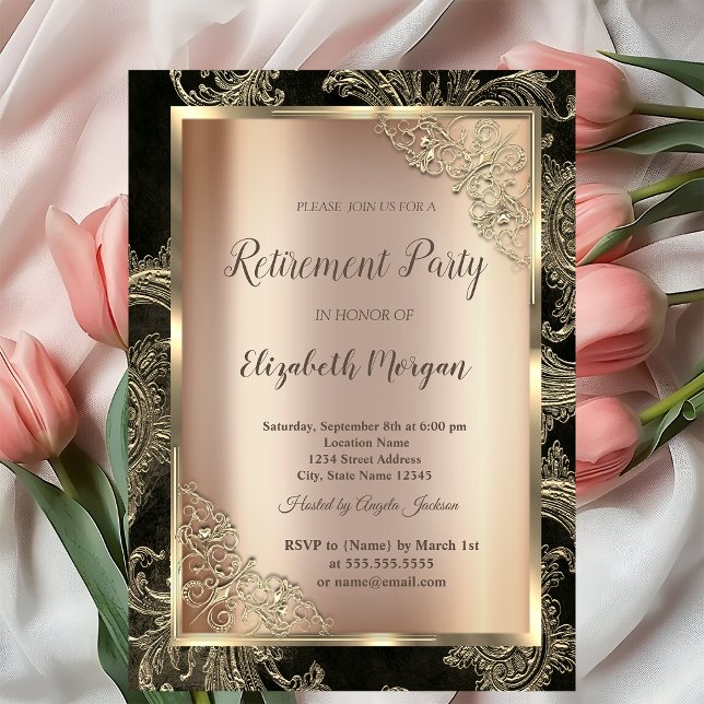 Festive Gold Frame,Floral Damask Retirement Invitation (Creator Uploaded)